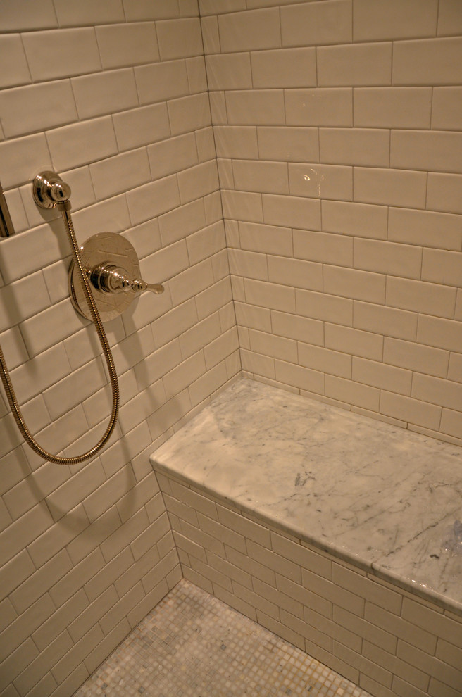 Example of a beach style 3/4 white tile and subway tile ceramic tile double shower design in DC Metro with an undermount sink, furniture-like cabinets, blue cabinets, marble countertops, a two-piece toilet and blue walls