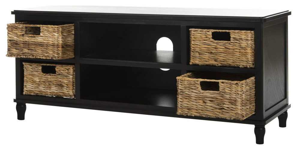 Unique Distressed Black Entertainment Unit, Open Shelves, 4 Wicker