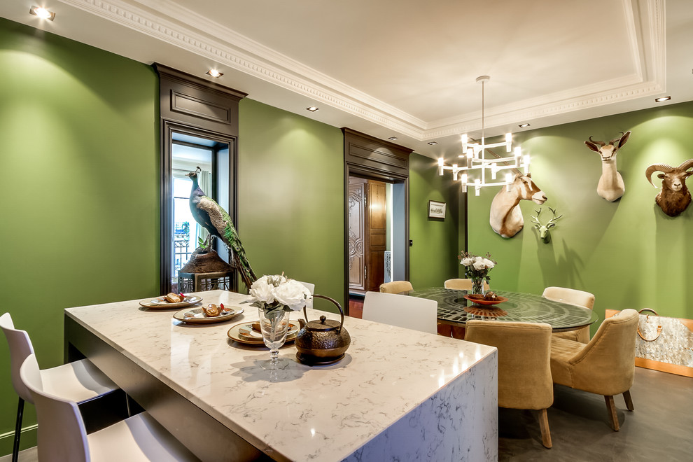 This is an example of a mid-sized transitional kitchen/dining combo in Paris with green walls, concrete floors and no fireplace.