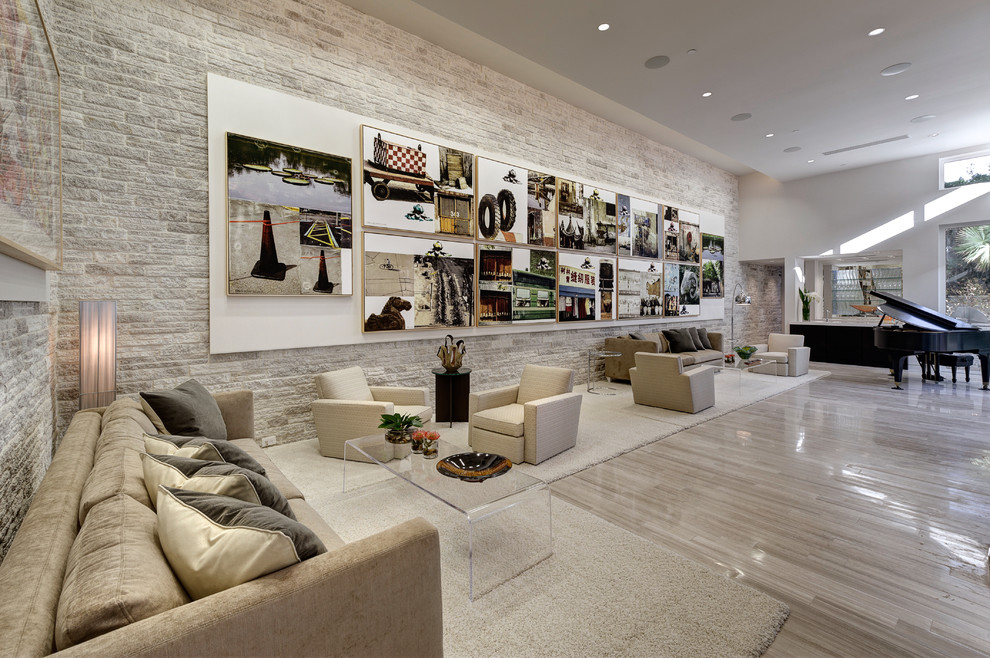 Contemporary living room in Orlando with limestone floors.