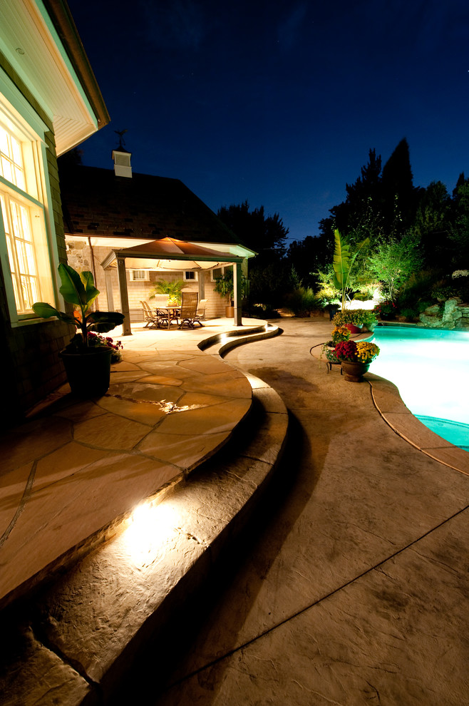 Design ideas for a large traditional backyard custom-shaped natural pool in Denver with a water feature and stamped concrete.