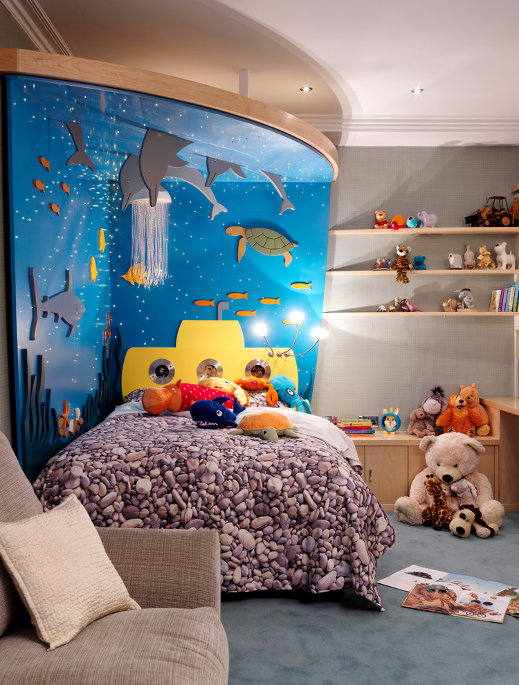 This is an example of a mid-sized contemporary kids' bedroom for kids 4-10 years old in Wiltshire with carpet.