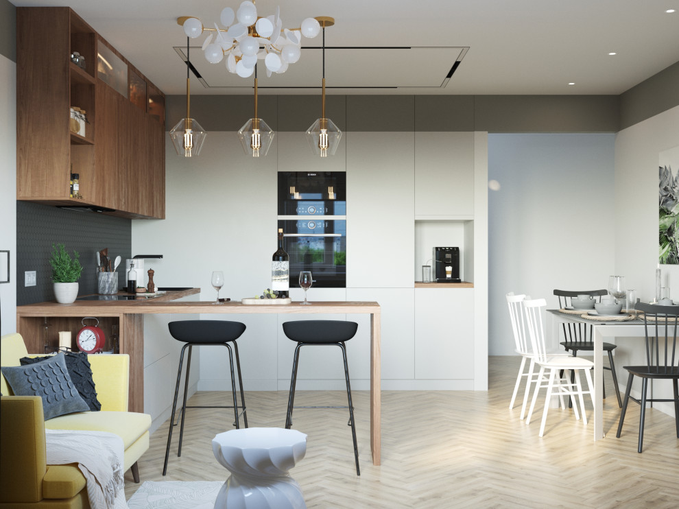 Лимонный меланж: солнечная и уютная кухня-гостиная.