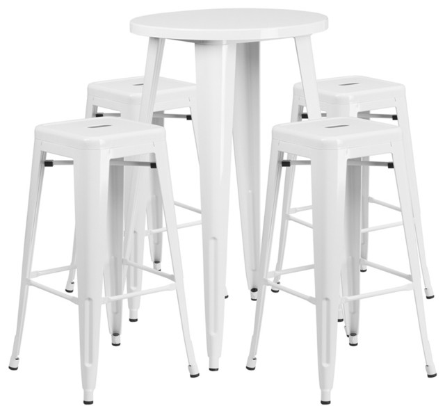 Flash Commercial Grade 24" Round White Metal Bar Table Set & 4 Backless Stools Contemporary