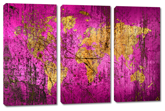 Abstract, Dark-Phlox World Map Canvas Print, 3 Panel Split, Triptych ...