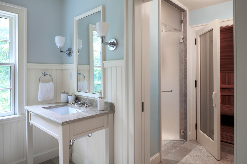 Inspiration for a traditional kids bathroom in Boston with an undermount sink, white cabinets, white walls and ceramic floors.
