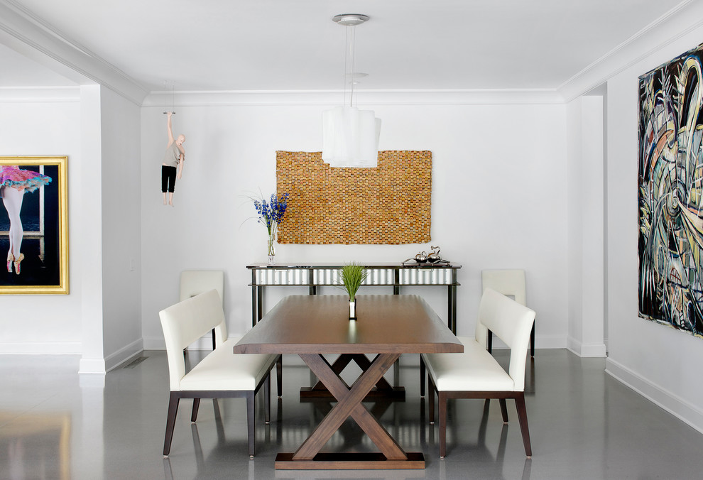 Inspiration for a contemporary dining room in Chicago with white walls.