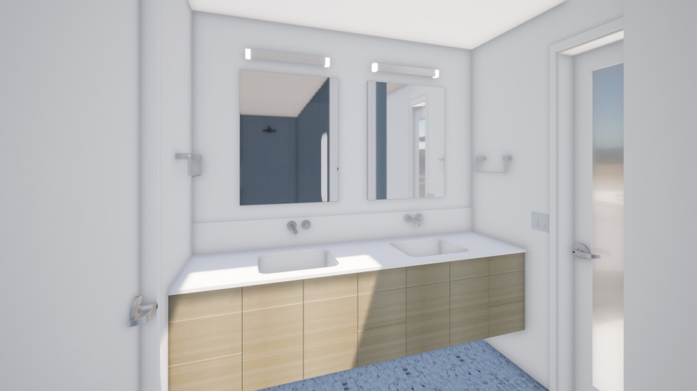 Design ideas for a large midcentury kids bathroom in San Francisco with flat-panel cabinets, an open shower, porcelain floors, an undermount sink, engineered quartz benchtops, a double vanity and a floating vanity.