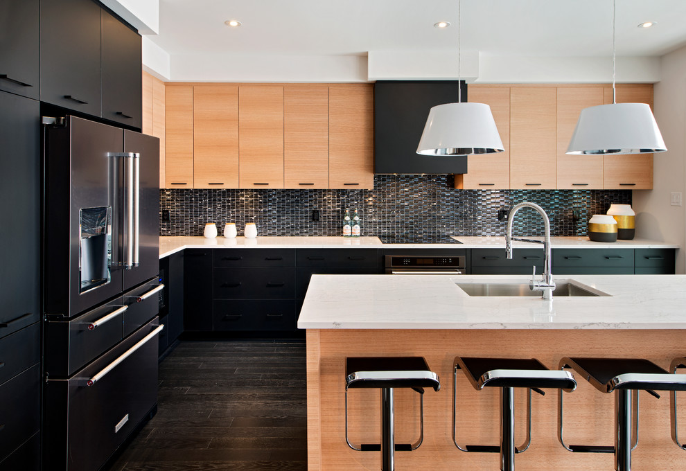 This is an example of a contemporary kitchen in Ottawa with black floor.