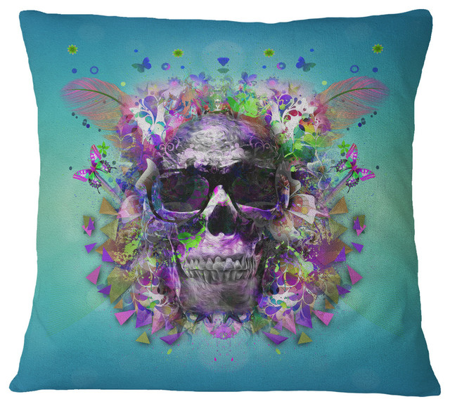 Skull With Glasses and Butterflies Abstract Throw Pillow, 16"x16"