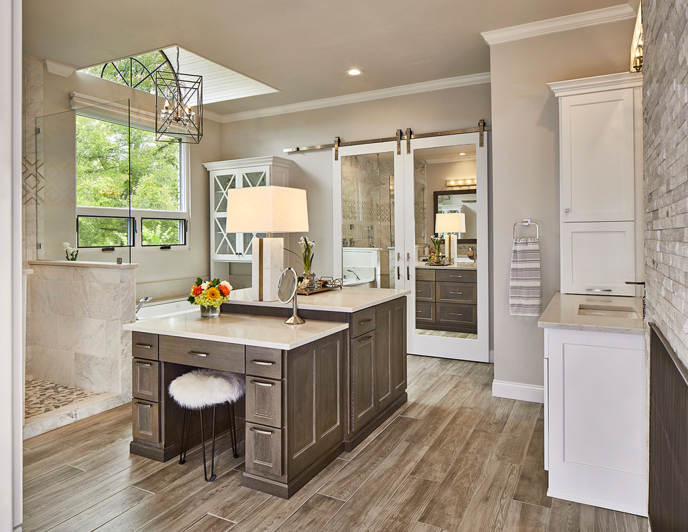 Photo of a large transitional master bathroom in Dallas with medium wood cabinets, white tile, beige walls, quartzite benchtops, brown floor, white benchtops, an open shower, medium hardwood floors, an undermount sink and recessed-panel cabinets.