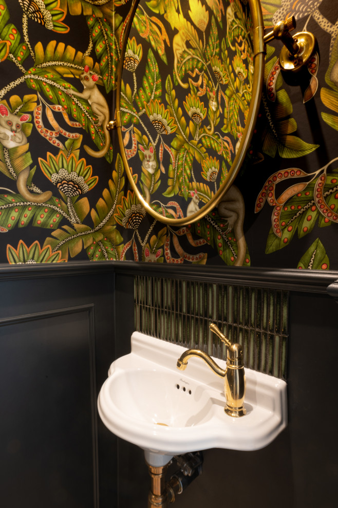 Powder room - small green tile and ceramic tile porcelain tile, beige floor and wallpaper powder room idea in London with a wall-mount toilet, multicolored walls and a wall-mount sink