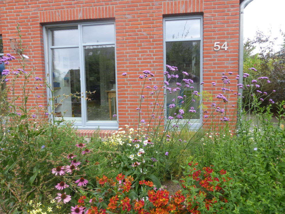 Kleiner Landhaus Garten im Sommer, neben dem Haus mit Blumenbeet und direkter Sonneneinstrahlung in Hamburg