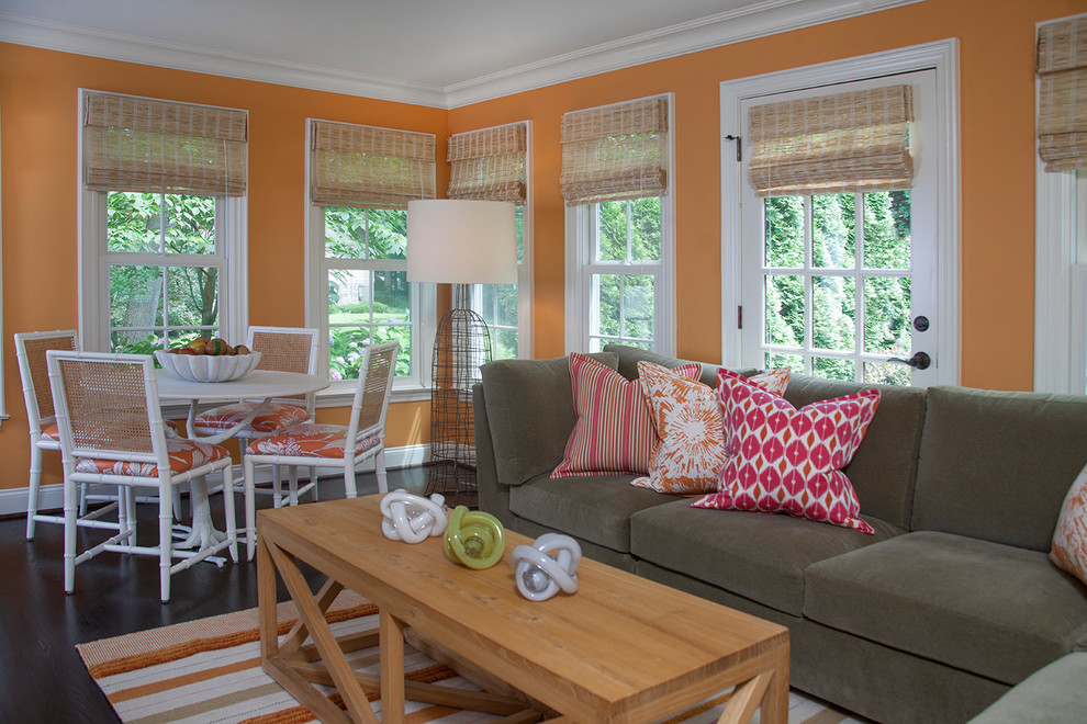 Design ideas for a transitional family room in Detroit with orange walls.