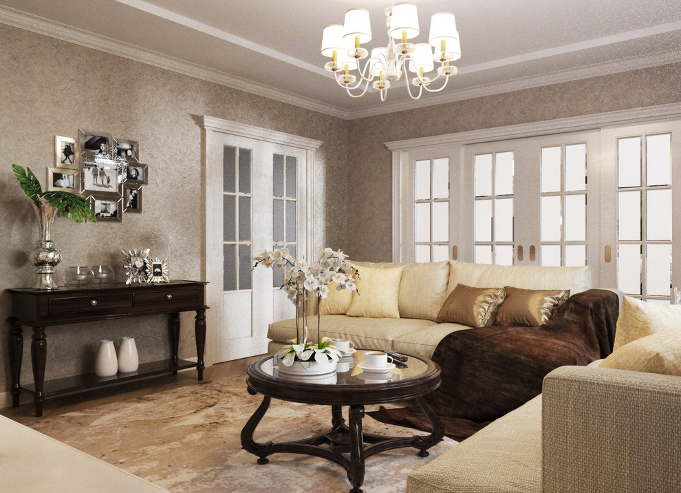 Интерьер кухни и гостиной в трехкомнатной квартире