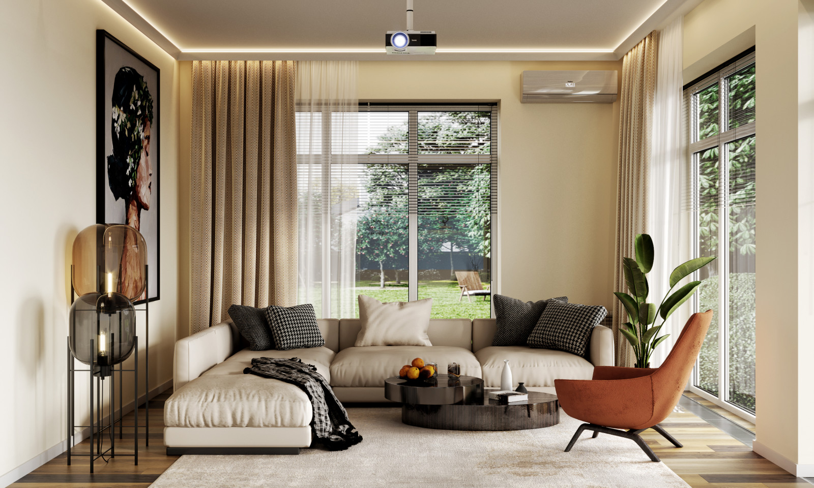 Гостиная в одноэтажном доме 250 кв.м в современном стиле