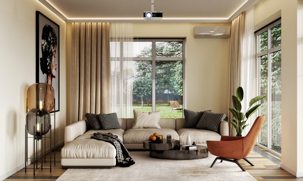 Гостиная в одноэтажном доме 250 кв.м в современном стиле