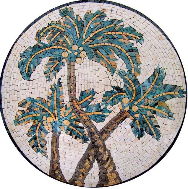 Mosaic Art Medallion - Palm Trees Accent, 20" x 20" - Tropical - Tile
