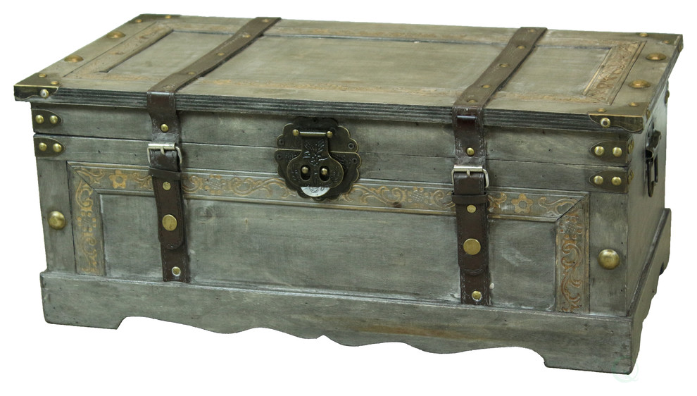 Rustic Gray Large Wooden Storage Trunk Traditional Decorative