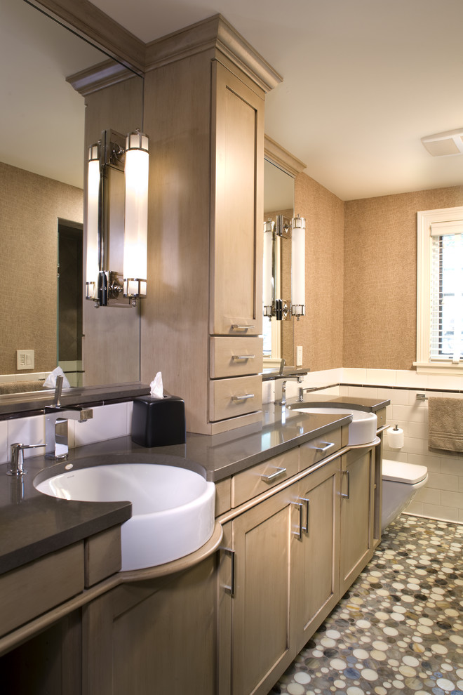 Mid-sized contemporary 3/4 bathroom in Minneapolis with recessed-panel cabinets, light wood cabinets, granite benchtops, ceramic tile and ceramic floors.
