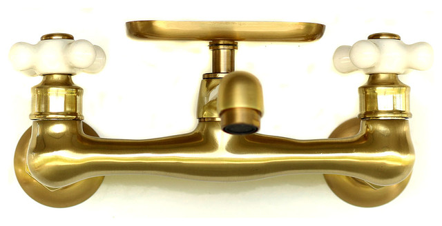 Natural Brass Wall-Mount Short Swivel Spout Utility Bridge Faucet w/ Soap Dish