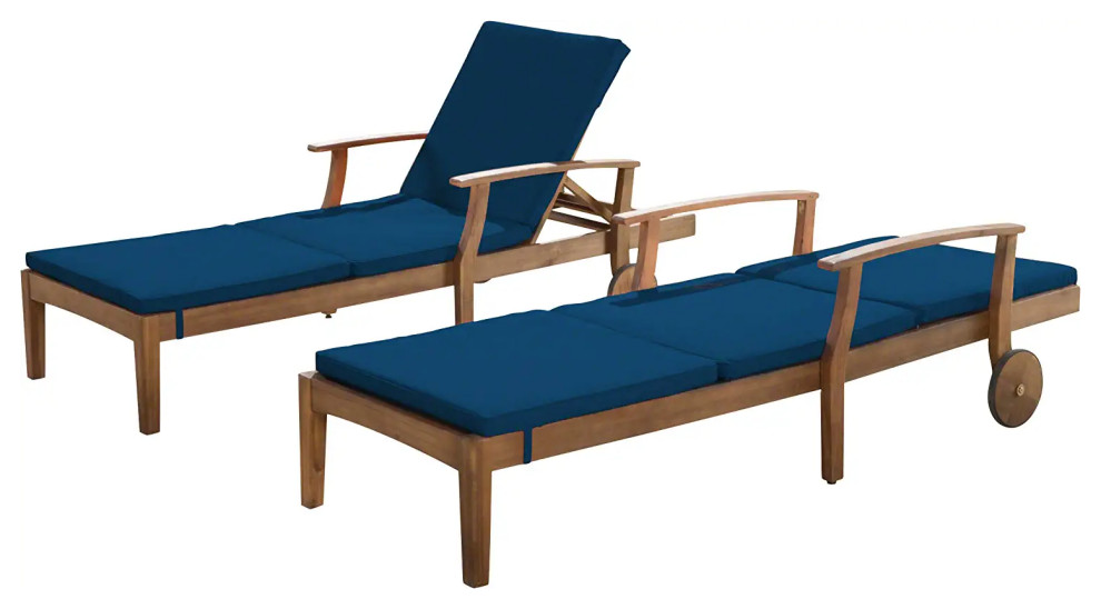 Set of 2 Patio Chaise Lounge, Teak Finished Frame & Water Resistant