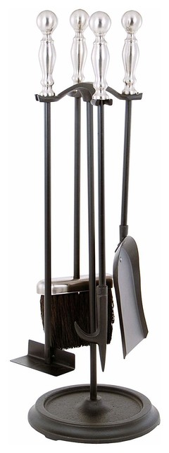 Pewter And Black 4 Tool Fire Set Traditional Fireplace Tools