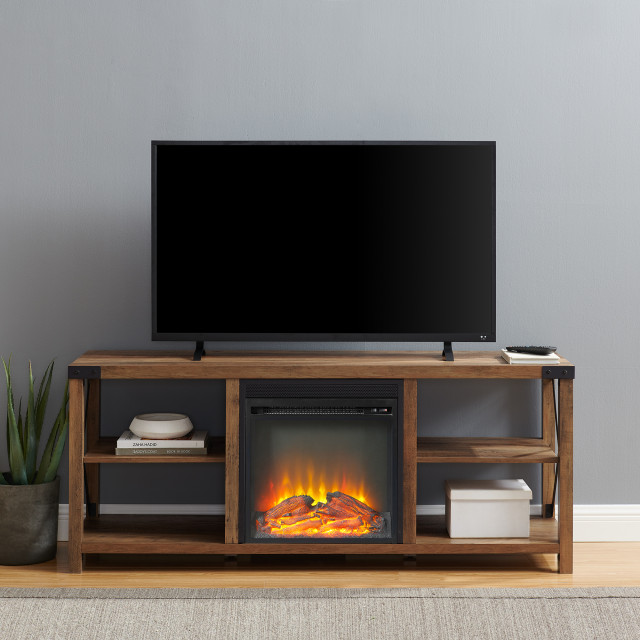 60" Farmhouse Metal X Fireplace Console, Reclaimed Barnwood