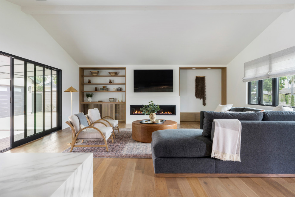 Foto di un soggiorno minimal con pareti bianche, pavimento in legno massello medio, camino lineare Ribbon, TV a parete, pavimento marrone e soffitto a volta