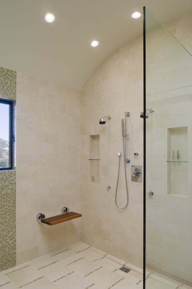 Photo of a contemporary bathroom in San Francisco with mosaic tile, an open shower, an open shower, a niche and a shower seat.
