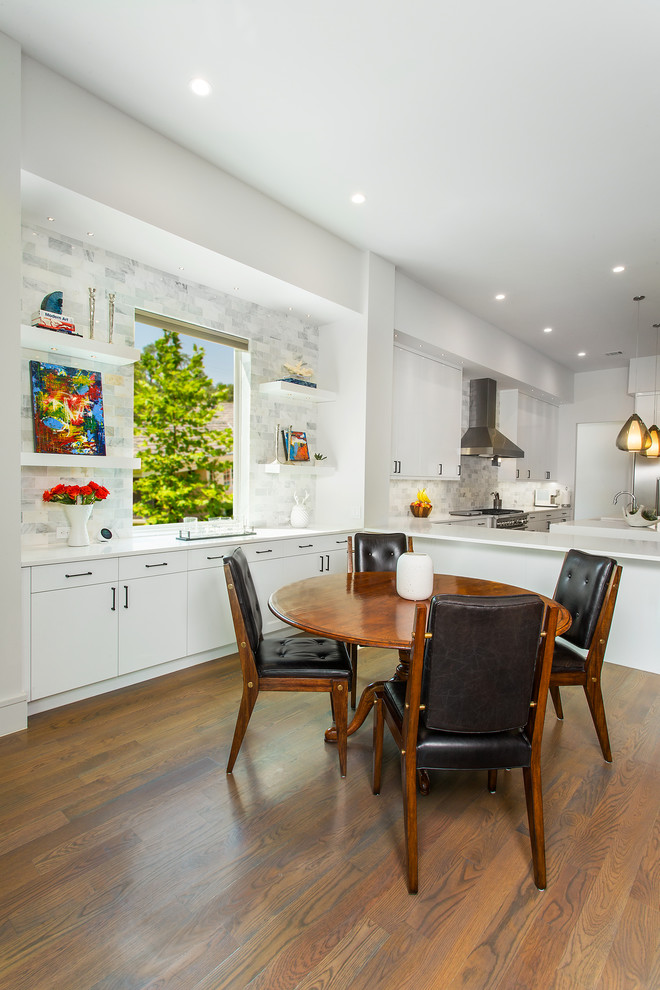Inspiration for a large modern open plan dining in Dallas with white walls, medium hardwood floors and brown floor.