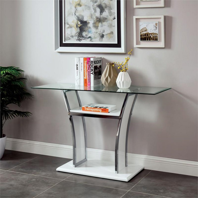 Bowery Hill Contemporary Glass Top Sofa Table in Glossy White