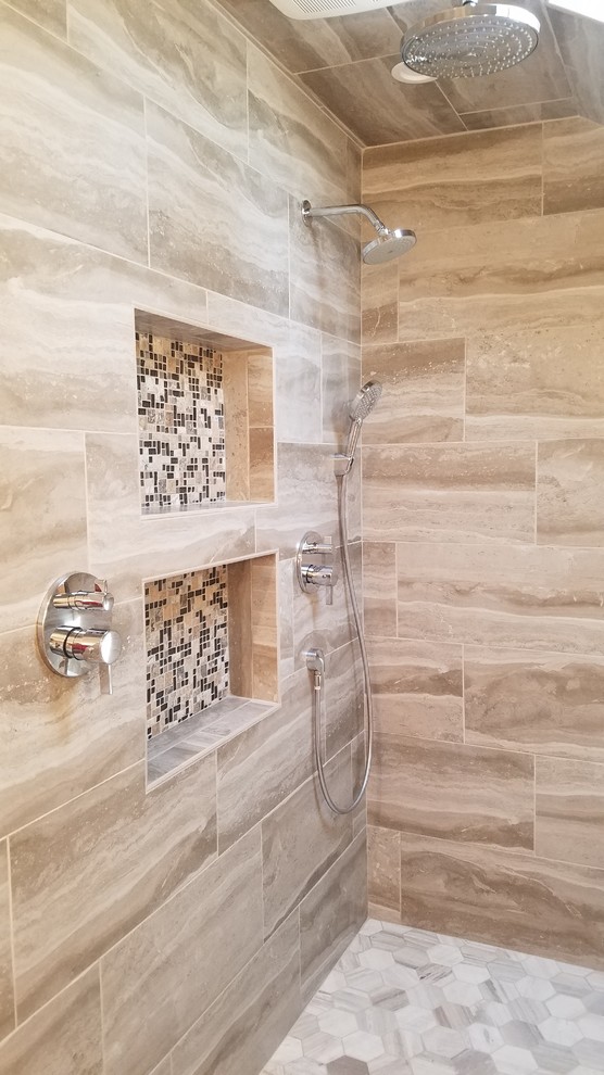 Inspiration for a mid-sized transitional master bathroom in Orange County with shaker cabinets, white cabinets, a corner shower, brown tile, porcelain tile, white walls, porcelain floors, engineered quartz benchtops, brown floor, an open shower, white benchtops and an integrated sink.