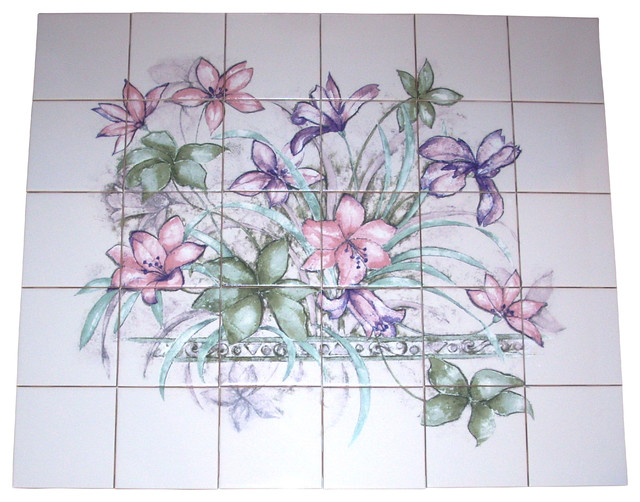 Lavender Lilly Kiln Fired Ceramic Tile Mural Sage Green Backsplash 30 Piece Set