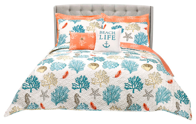 Coastal Reef Feather Quilt 7 Piece Set Blue Coral Full Queen