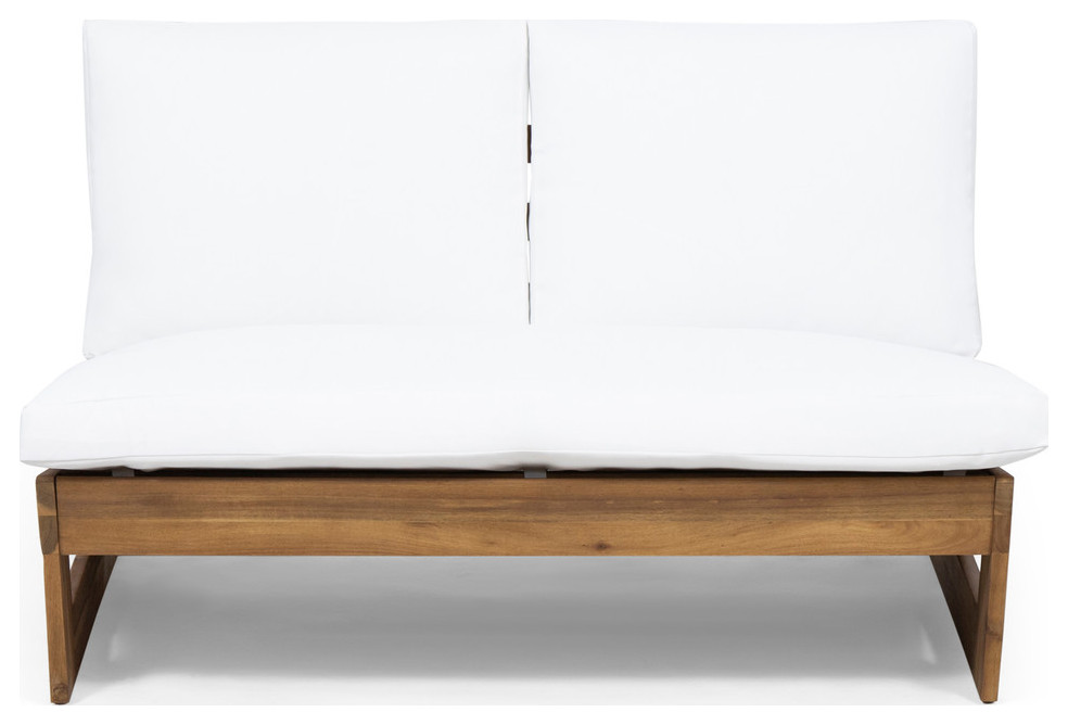 Kaitlyn Outdoor Acacia Wood Loveseat with Cushions Transitional