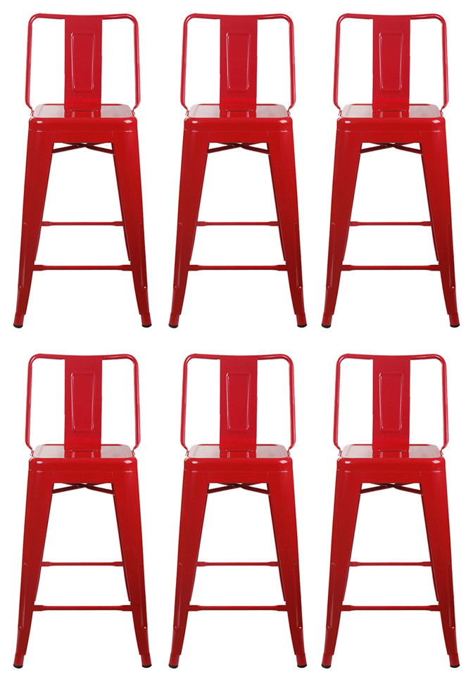 Highback Red Metal Bar Stools, Set of 6 Industrial Bar Stools And