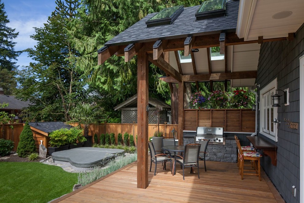 Photo of a large traditional backyard deck in Vancouver with an outdoor kitchen and a roof extension.