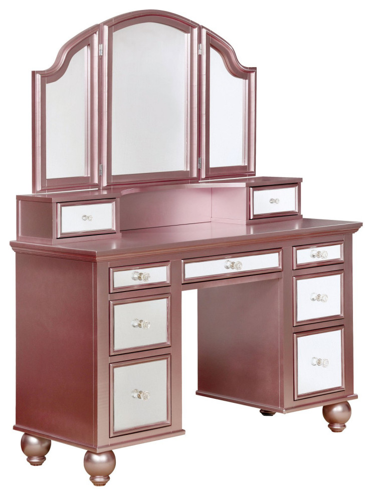 Vanity Set, Mirrored Drawers With Acrylic Handles & Tri Folding Mirror