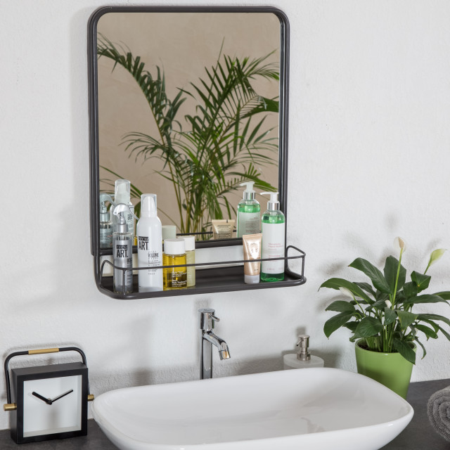 Moe Wall Mirror With Shelf, Oak Framed Oval Bathroom Mirrors