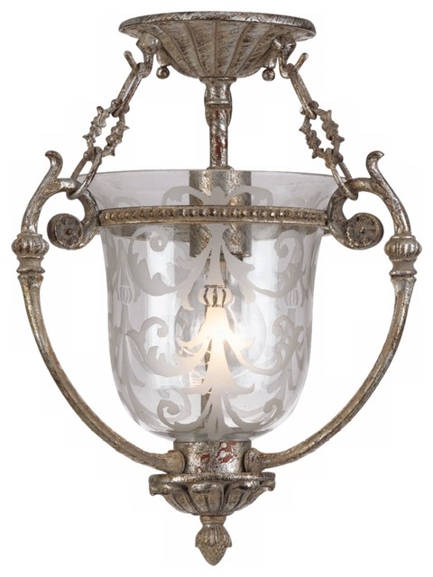 Etched Glass Aged Silver 13" High Ceiling Fixture