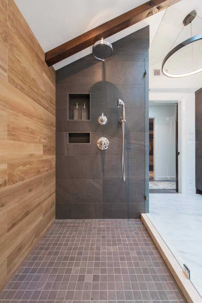 Design ideas for a large contemporary master bathroom in San Francisco with flat-panel cabinets, dark wood cabinets, an undermount tub, a corner shower, a wall-mount toilet, brown tile, porcelain tile, white walls, marble floors, a vessel sink, engineered quartz benchtops, white floor and an open shower.