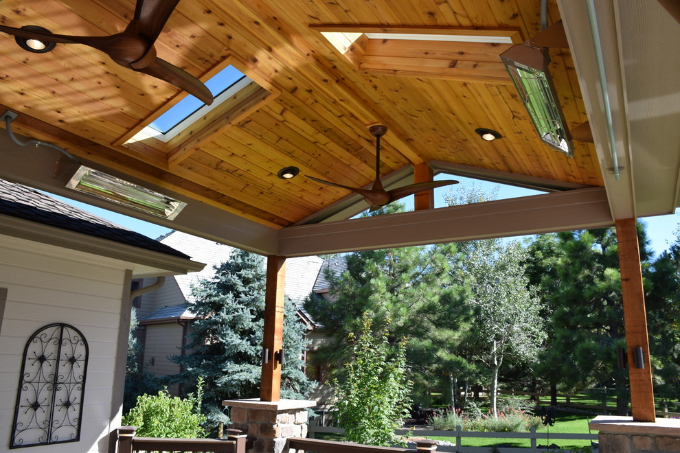 Inspiration for a mid-sized transitional backyard outdoor kitchen deck remodel in Denver with a roof extension