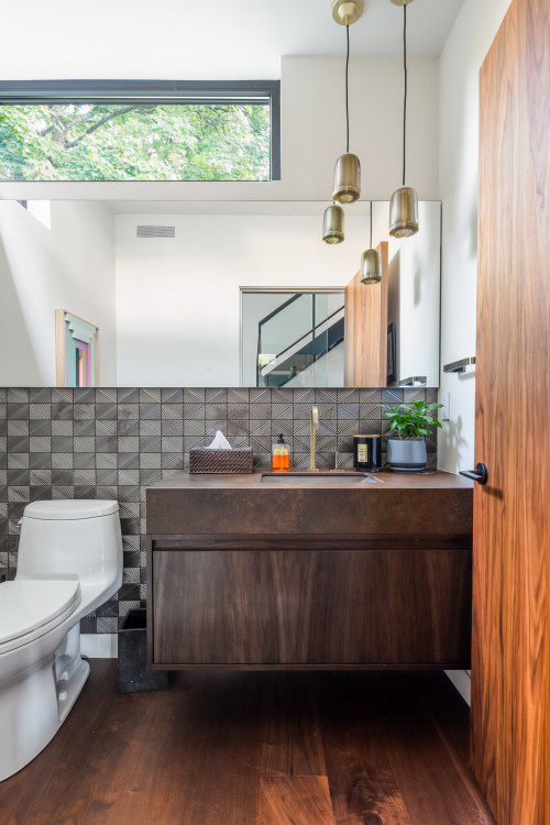 Dark Wood Finesse: Bathroom Vanity Sink Inspirations with Gray Backsplash