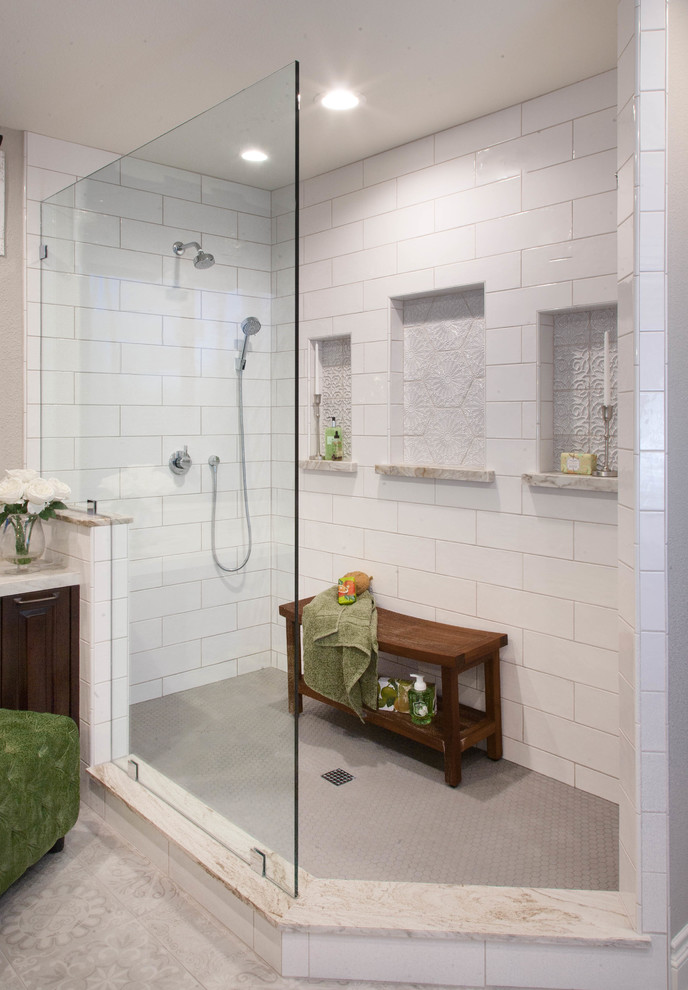 Photo of a large traditional master bathroom in San Diego with furniture-like cabinets, white cabinets, an open shower, white tile, ceramic tile, grey walls, linoleum floors, an undermount sink, quartzite benchtops, grey floor, an open shower and grey benchtops.