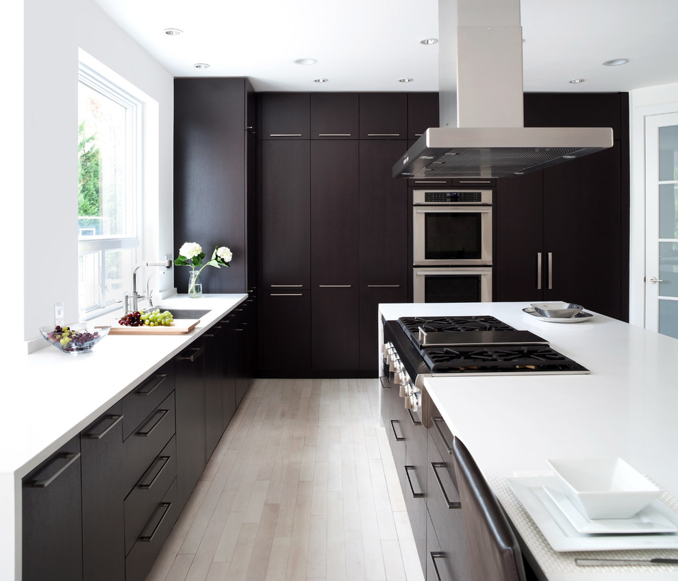 Trendy kitchen photo in DC Metro with flat-panel cabinets, dark wood cabinets and paneled appliances