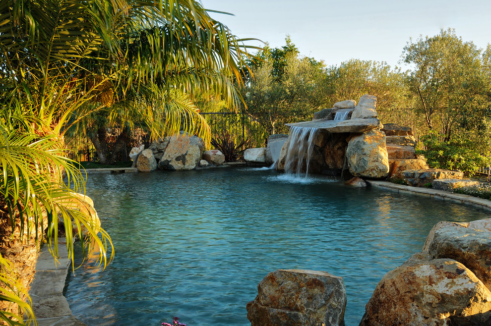 Photo of a tropical custom-shaped pool in San Diego with a water feature.