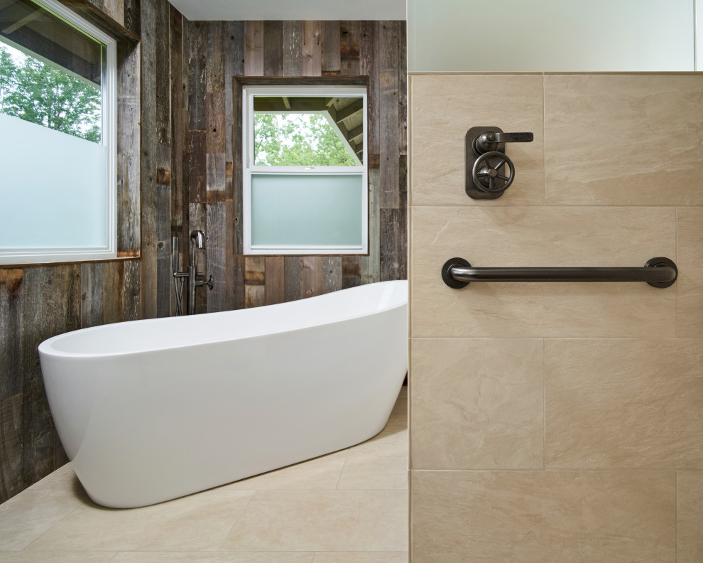 Photo of a mid-sized country master bathroom in Portland with flat-panel cabinets, light wood cabinets, a freestanding tub, a curbless shower, multi-coloured walls, porcelain floors, an undermount sink, engineered quartz benchtops, beige floor, an open shower, white benchtops, an enclosed toilet, a single vanity, a floating vanity and wood walls.