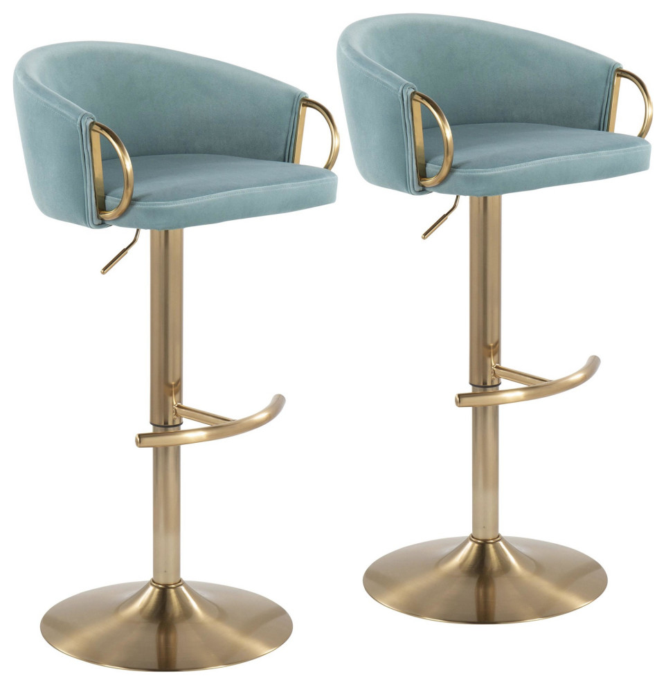 Claire Glam Adjustable Bar Stool, Gold Metal/Light Blue Velvet, Set of