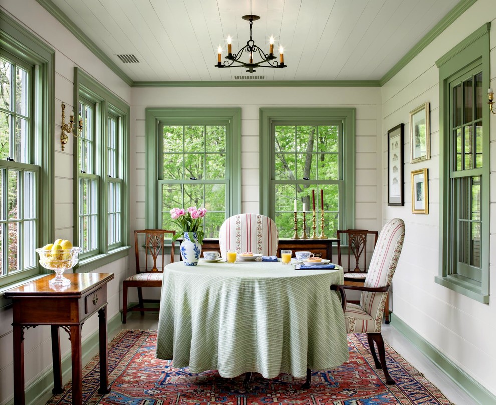 Design ideas for a large traditional sunroom in New York with no fireplace, a standard ceiling and white floor.